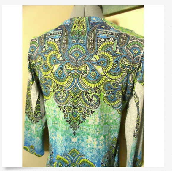 CHRISTOPHER & BANKS Beaded Top S Blue Green V-neck beautiful medallion Boho prin - Picture 6 of 7